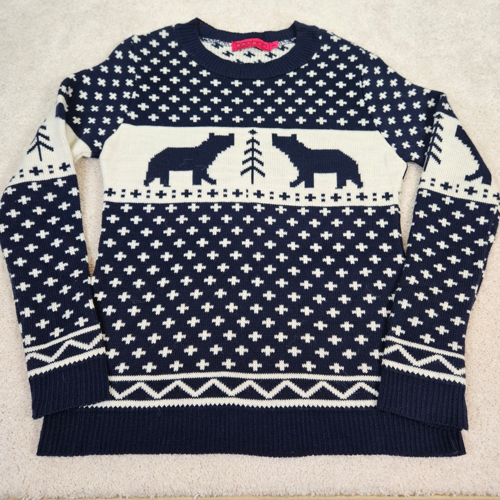 Womens Navy‎ Cream Enchanted Cozy Cabin Fair Isle M/L Winter Knit Sweater Bear